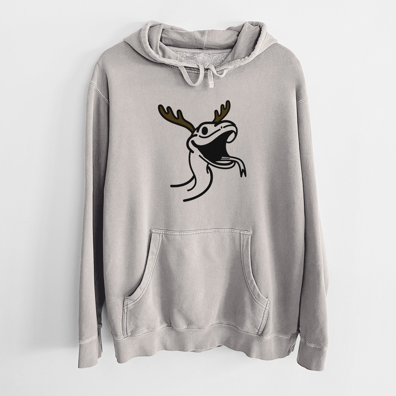 Minimalist line drawing of Spike the Snake with reindeer antlers and a red nose on a Cement Unisex pigment dyed hoodie