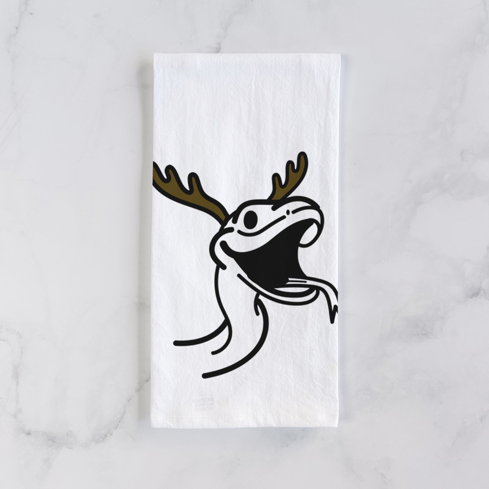 Minimalist line drawing of Spike the Snake with reindeer antlers and a red nose on a tea towel