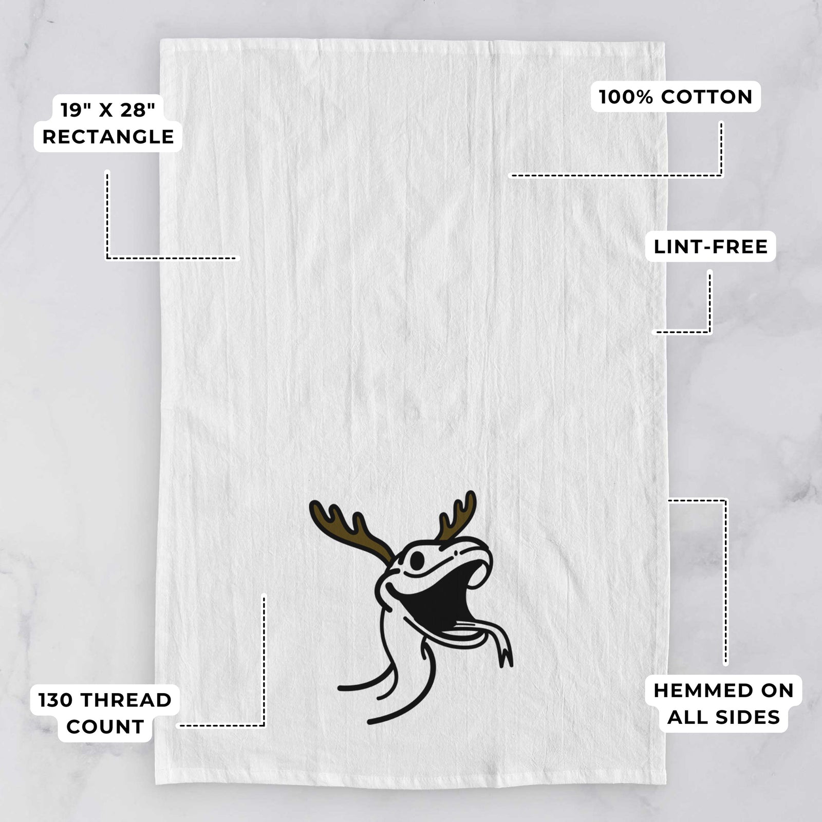 Minimalist line drawing of Spike the Snake with reindeer antlers and a red nose on a tea towel, with feature callouts: 19 x 28 inch rectangle, 100% cotton, lint-free, 120 thread count, hemmed on all sides