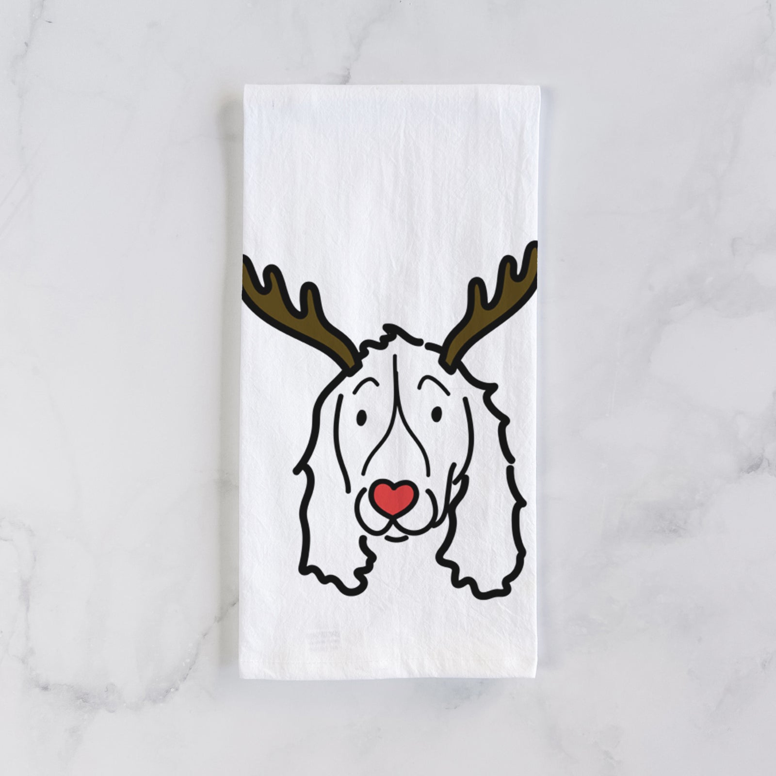 Minimalist line drawing of an English Springer Spaniel with reindeer antlers and a red nose on a tea towel