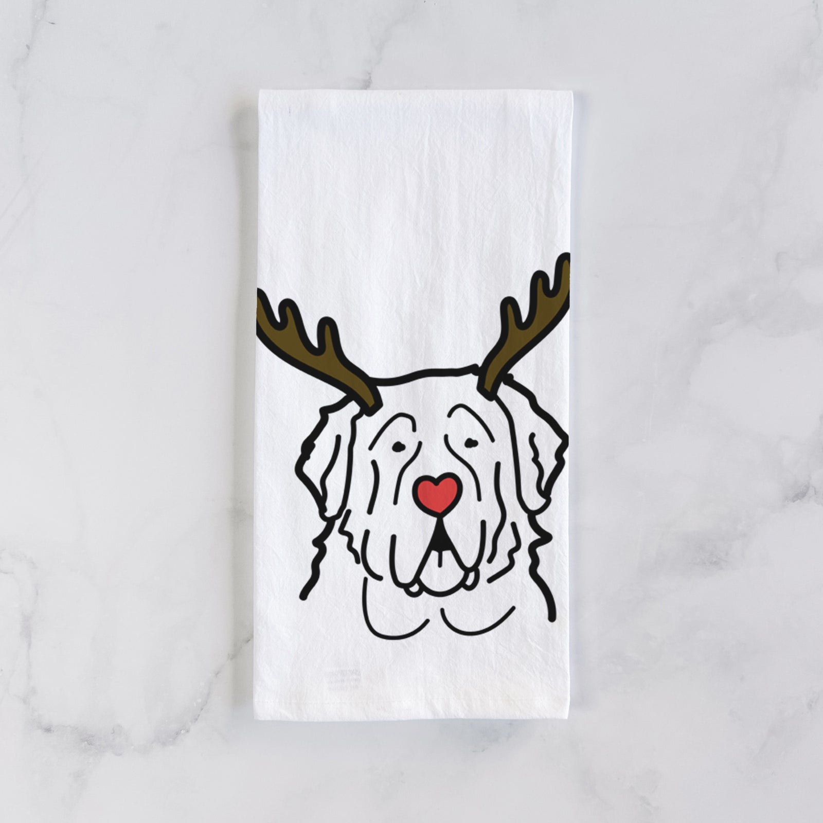 Minimalist line drawing of a Saint Bernard with reindeer antlers and a red nose on a tea towel