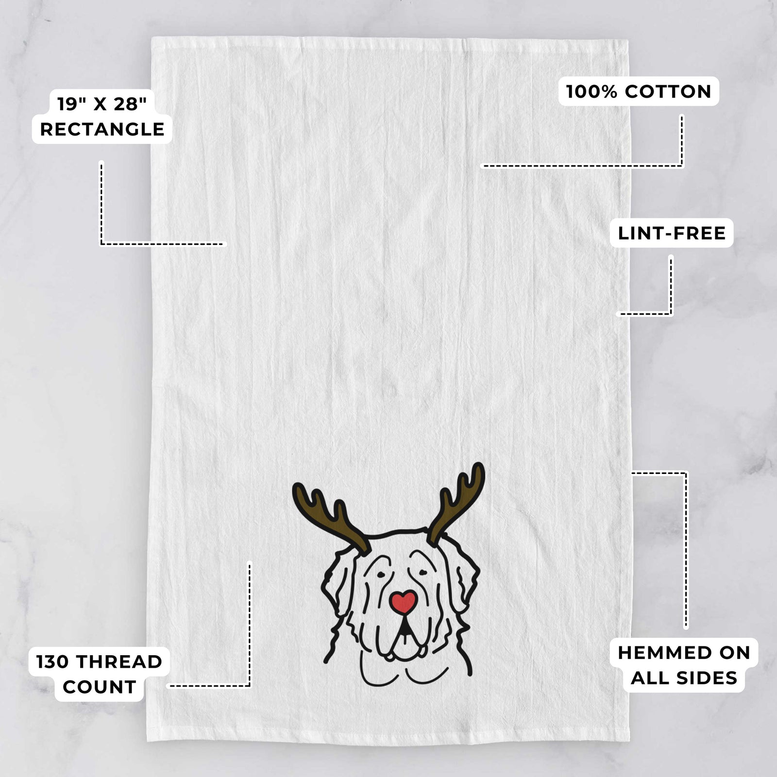 Minimalist line drawing of a Saint Bernard with reindeer antlers and a red nose on a tea towel, with feature callouts: 19 x 28 inch rectangle, 100% cotton, lint-free, 120 thread count, hemmed on all sides