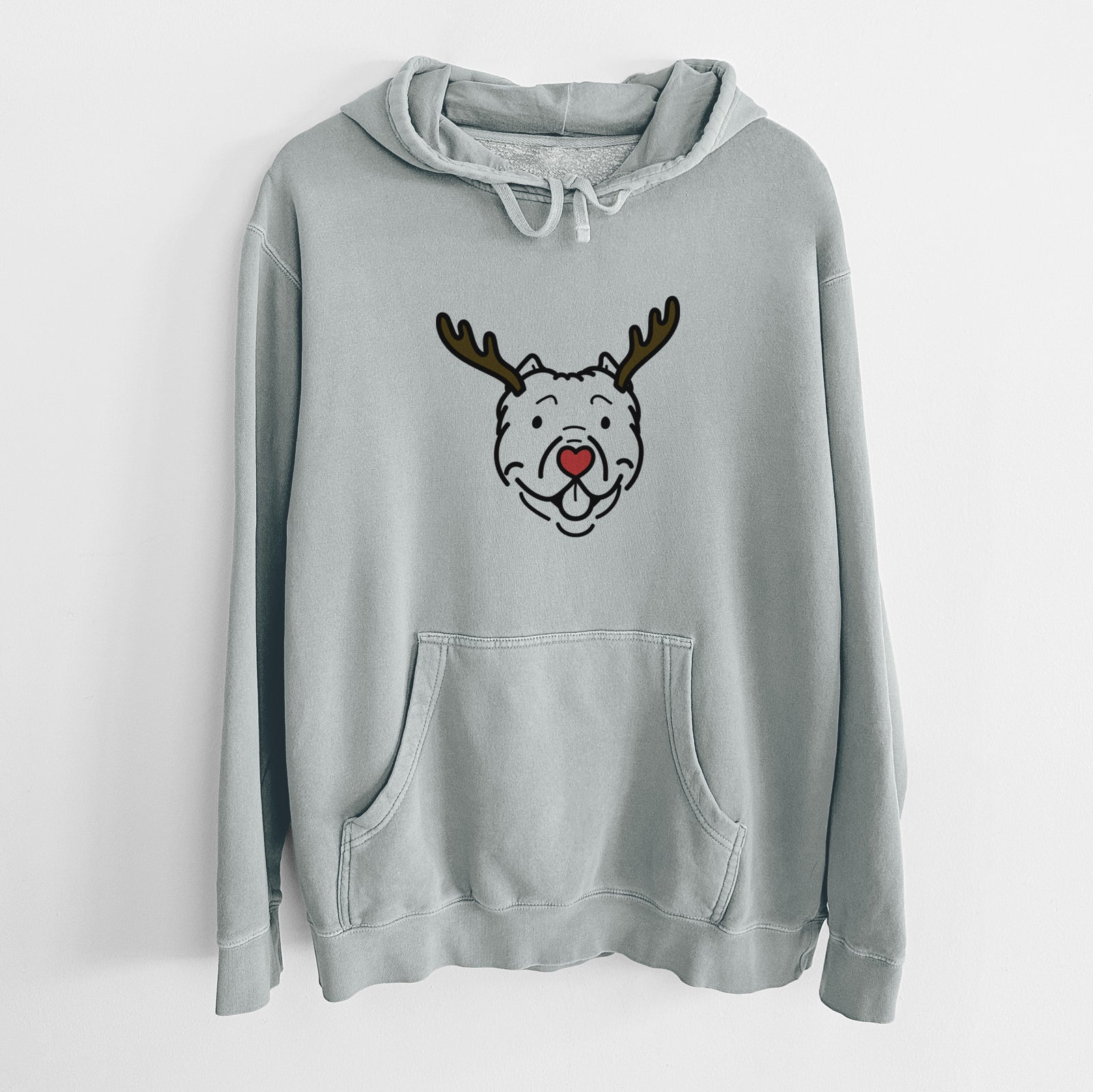 Minimalist line drawing of Tank the American Bully with reindeer antlers and a red nose on a Sage Unisex pigment dyed hoodie