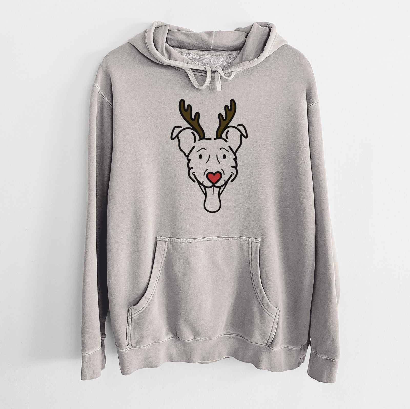 Minimalist line drawing of Tegan the Vizsla Mix with reindeer antlers and a red nose on a Cement Unisex pigment dyed hoodie
