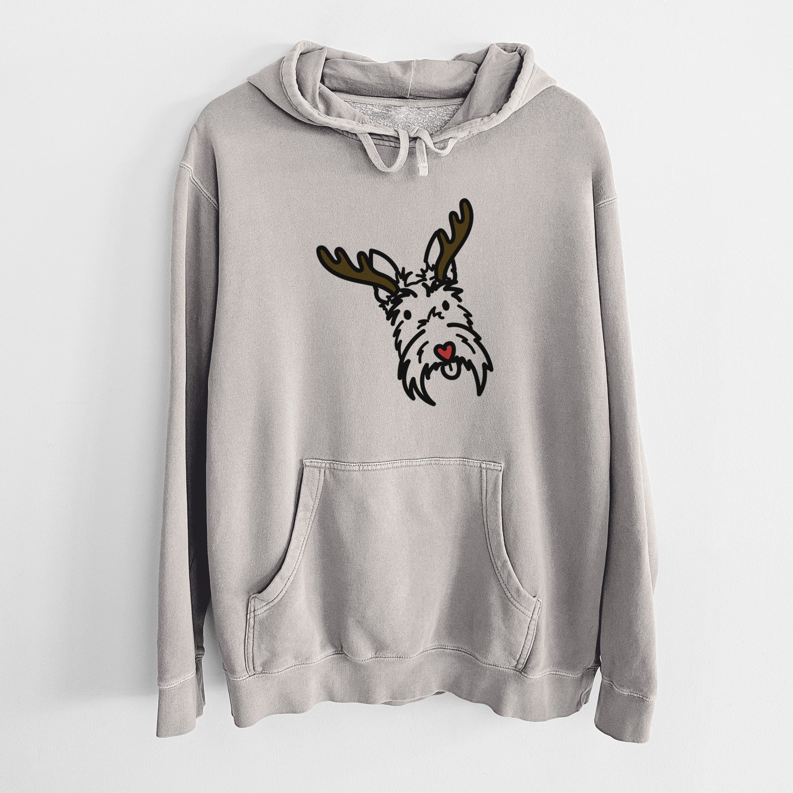 Minimalist line drawing of Thistle the Scottish Terrier with reindeer antlers and a red nose on a Cement Unisex pigment dyed hoodie