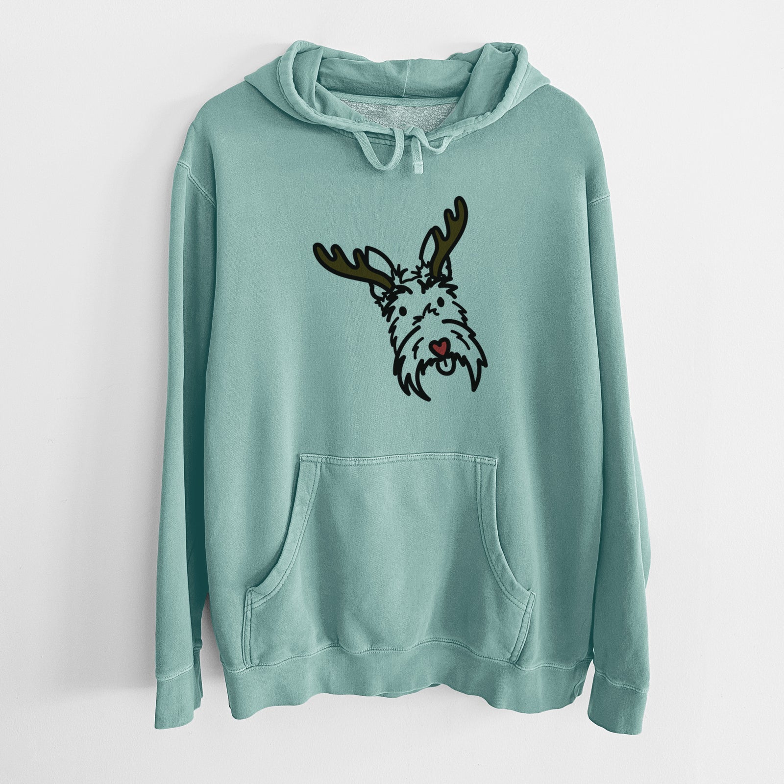 Minimalist line drawing of Thistle the Scottish Terrier with reindeer antlers and a red nose on a Mint Unisex pigment dyed hoodie
