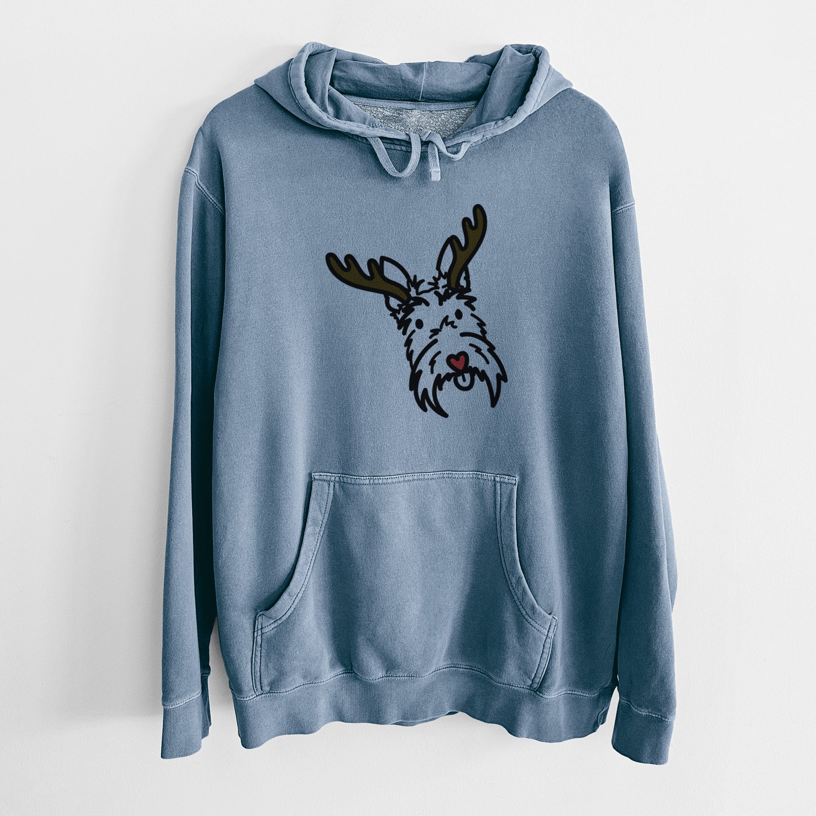 Minimalist line drawing of Thistle the Scottish Terrier with reindeer antlers and a red nose on a Slate Blue Unisex pigment dyed hoodie