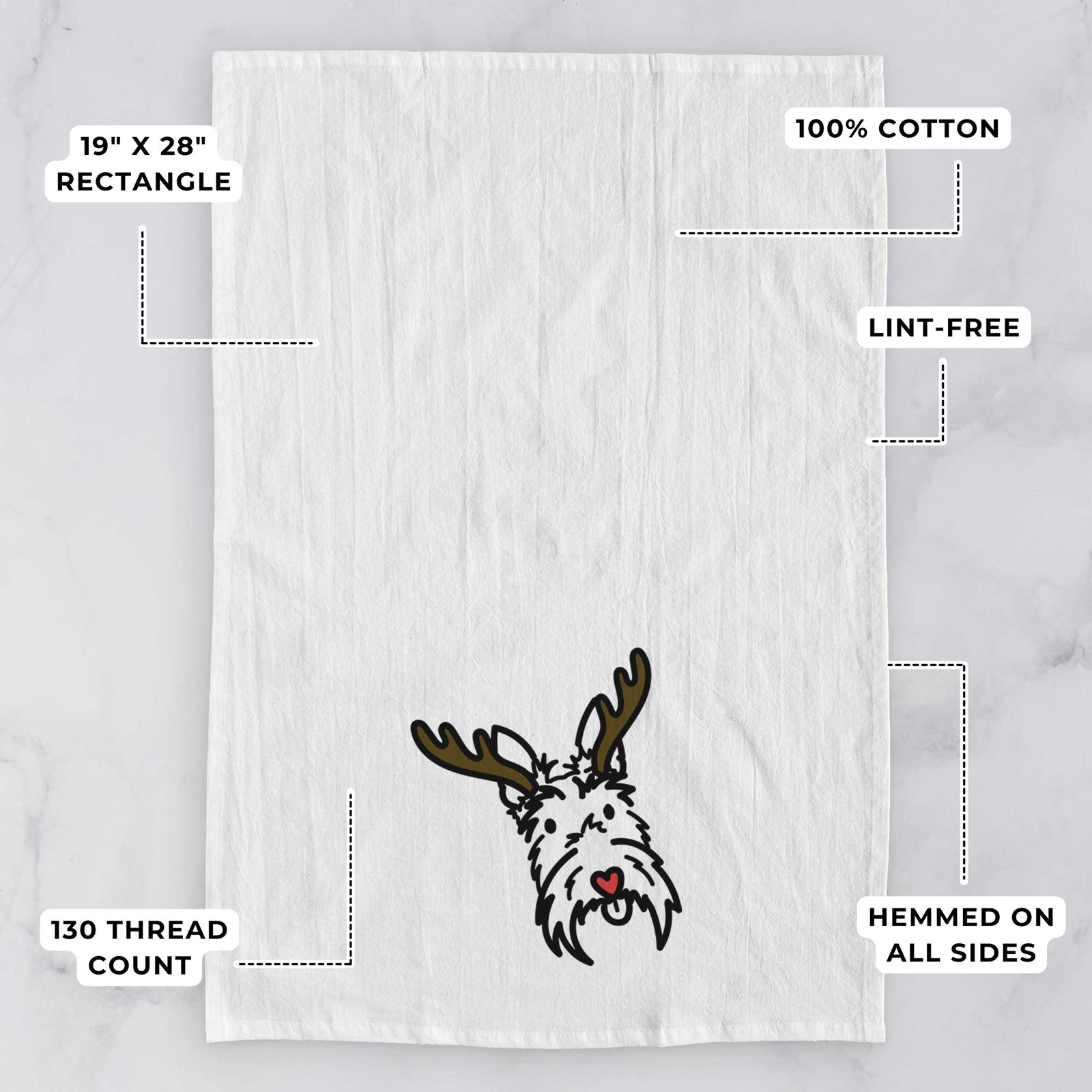 Minimalist line drawing of Thistle the Scottish Terrier with reindeer antlers and a red nose on a tea towel, with feature callouts: 19 x 28 inch rectangle, 100% cotton, lint-free, 120 thread count, hemmed on all sides