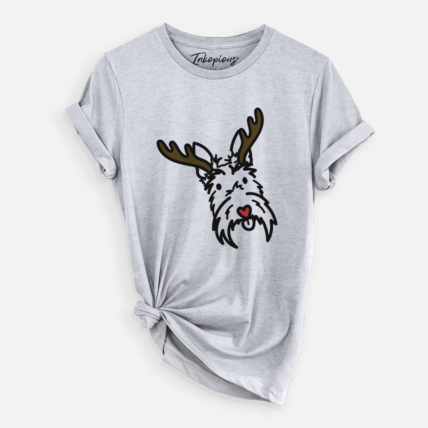 Minimalist line drawing of Thistle the Scottish Terrier with reindeer antlers and a red nose on a Grey Unisex crewneck