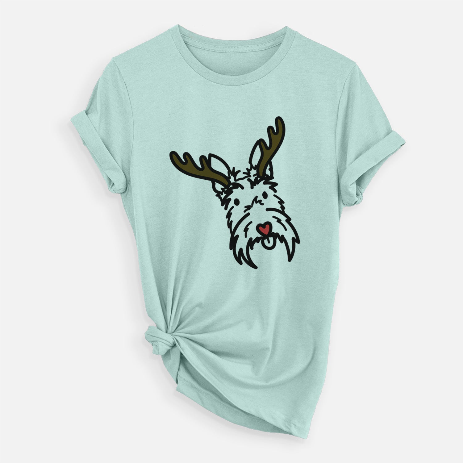 Minimalist line drawing of Thistle the Scottish Terrier with reindeer antlers and a red nose on a Heather Sage Unisex crewneck