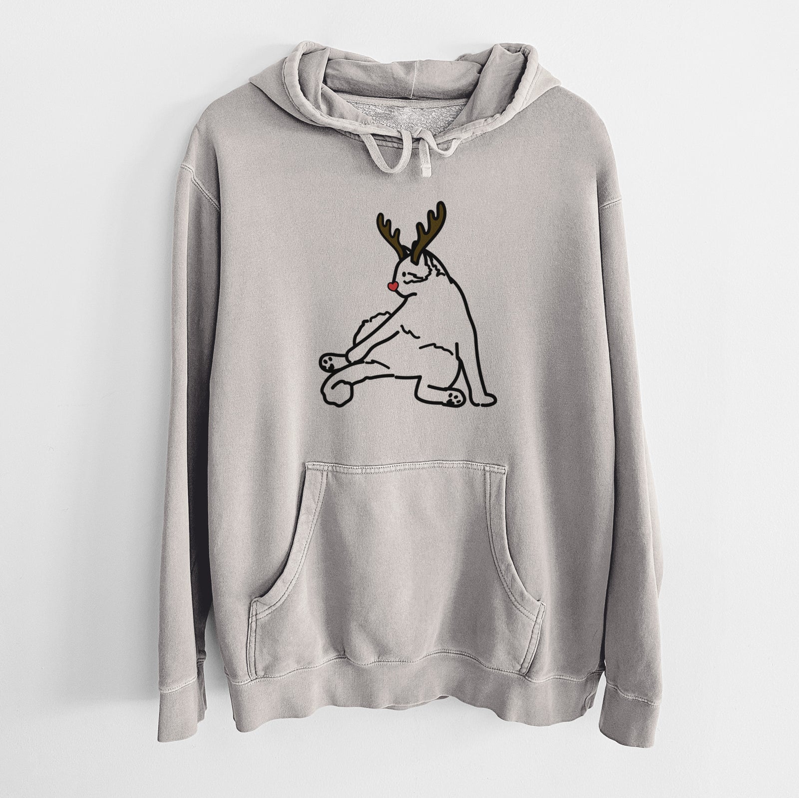 Minimalist line drawing of Tom the Cat with reindeer antlers and a red nose on a Cement Unisex pigment dyed hoodie