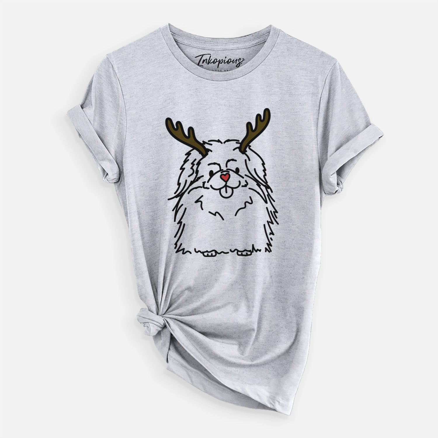 Minimalist line drawing of Viv the Pekingese with reindeer antlers and a red nose on a Grey Unisex crewneck