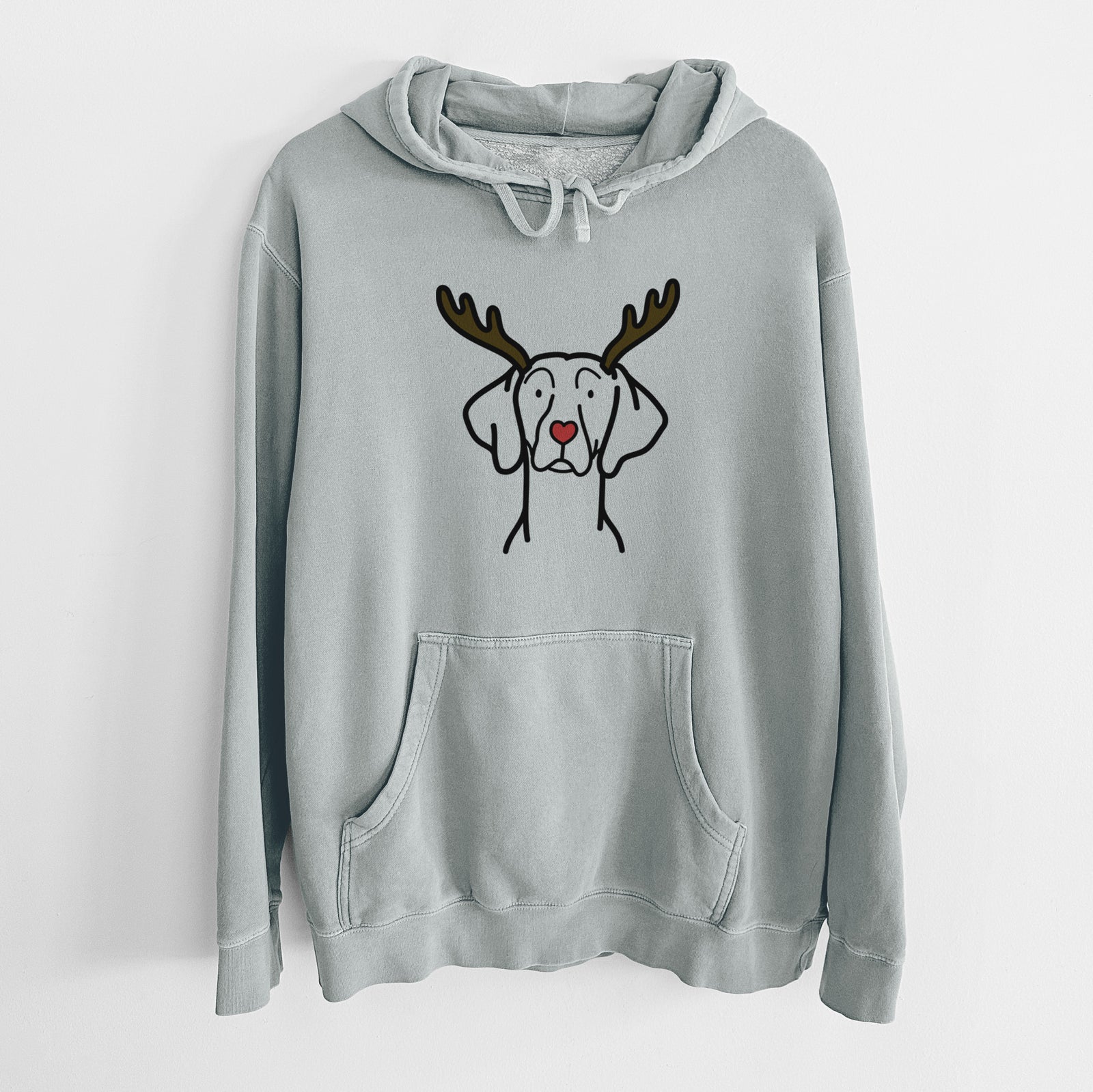 Minimalist line drawing of a Weimaraner with reindeer antlers and a red nose on a Sage Unisex pigment dyed hoodie