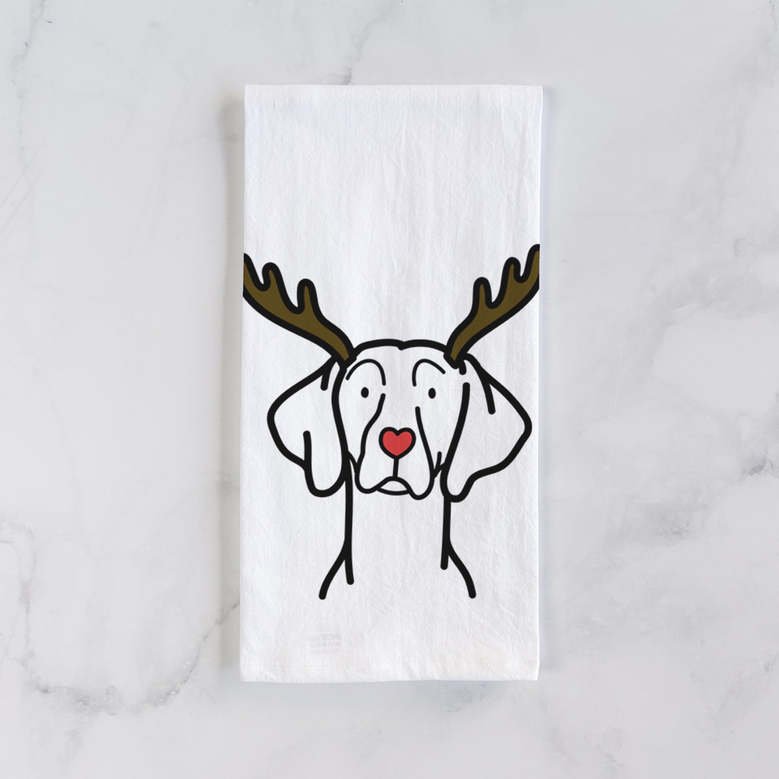 Minimalist line drawing of a Weimaraner with reindeer antlers and a red nose on a tea towel