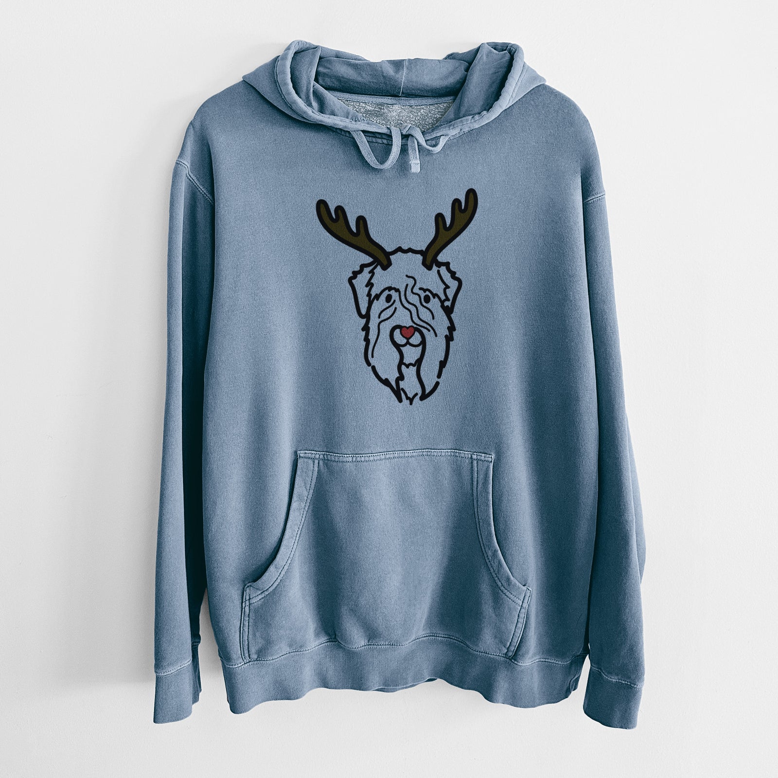 Minimalist line drawing of a Soft Coated Wheaten Terrier with reindeer antlers and a red nose on a Slate Blue Unisex pigment dyed hoodie