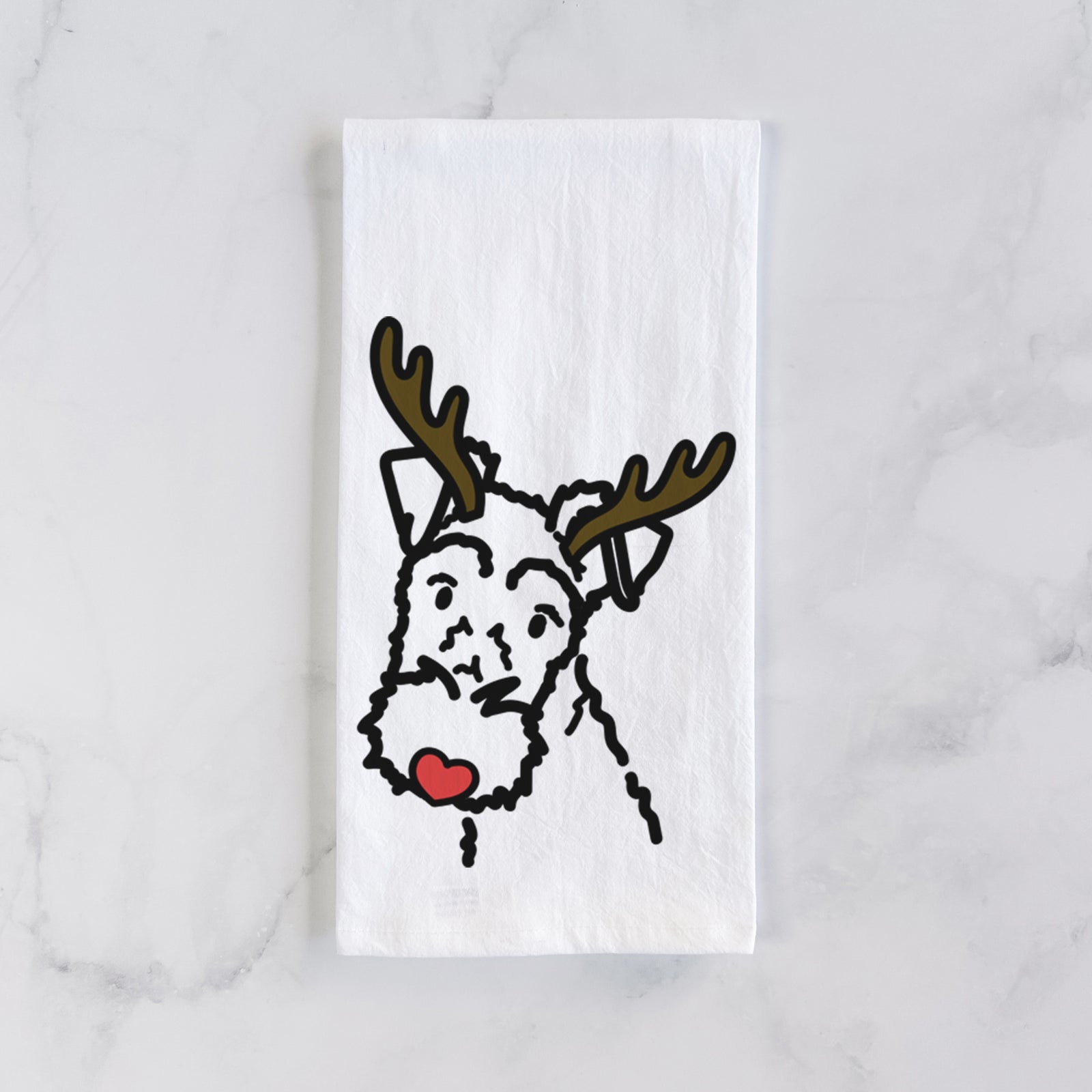 Minimalist line drawing of a Wire Fox Terrier with reindeer antlers and a red nose on a tea towel