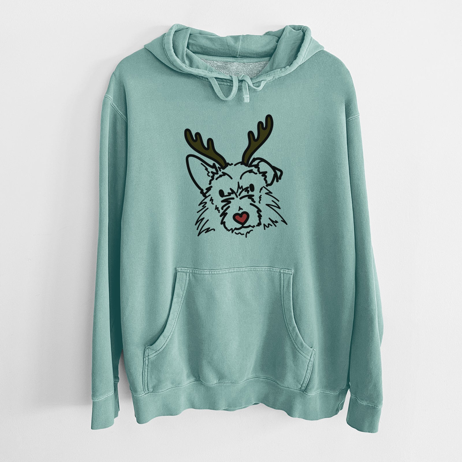 Minimalist line drawing of Ziggy the Terrier Mix with reindeer antlers and a red nose on a Mint Unisex pigment dyed hoodie