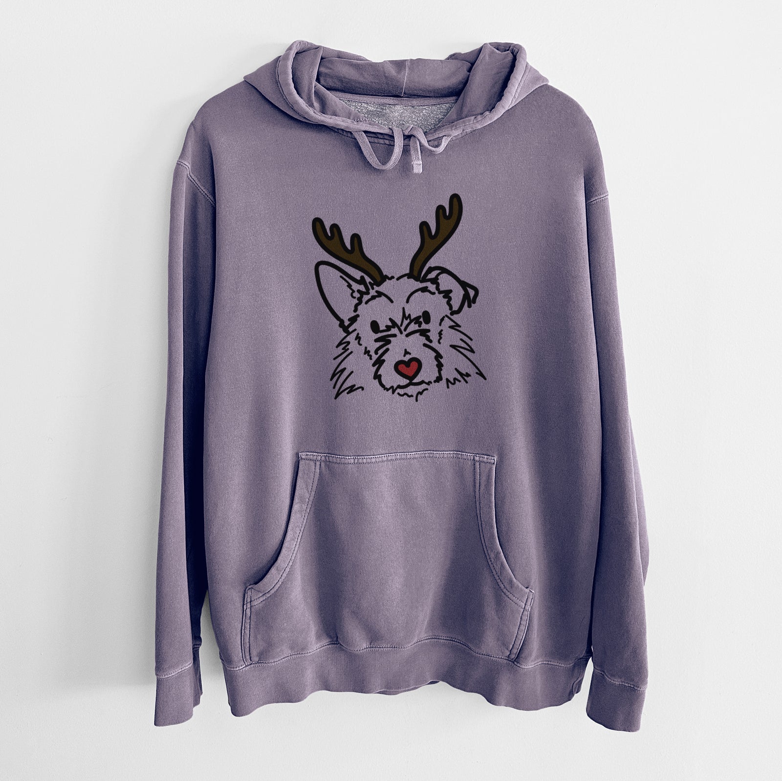 Minimalist line drawing of Ziggy the Terrier Mix with reindeer antlers and a red nose on a Plum Unisex pigment dyed hoodie