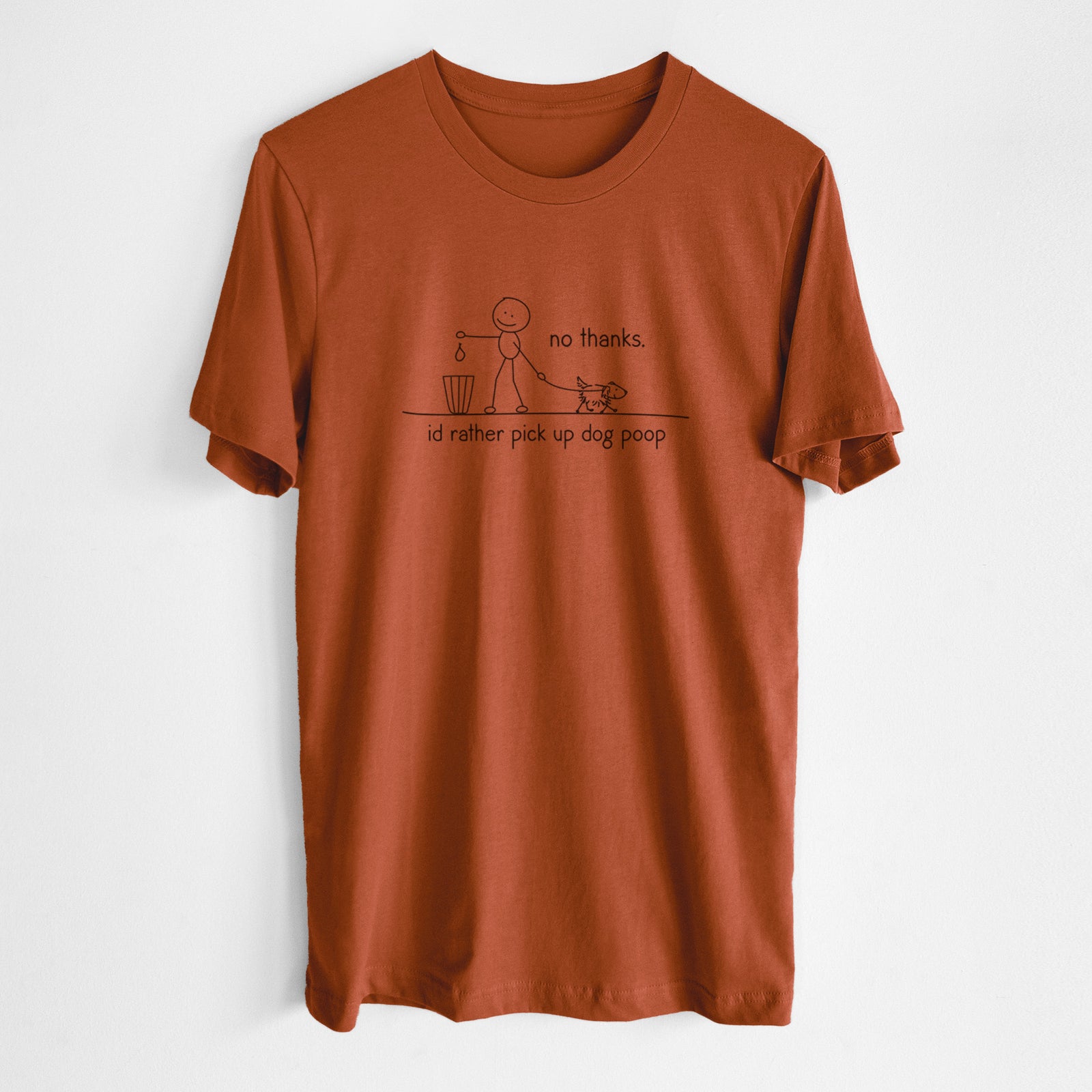 'No Thanks - I'd rather pickup dog poop' design on an Autumn Unisex crewneck, worn by a man