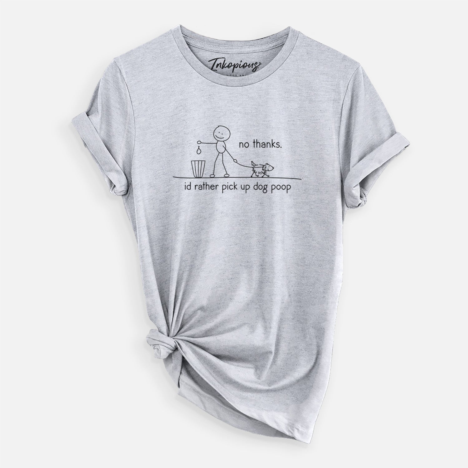 'No Thanks - I'd rather pickup dog poop' design on a Grey Unisex crewneck, worn by a woman