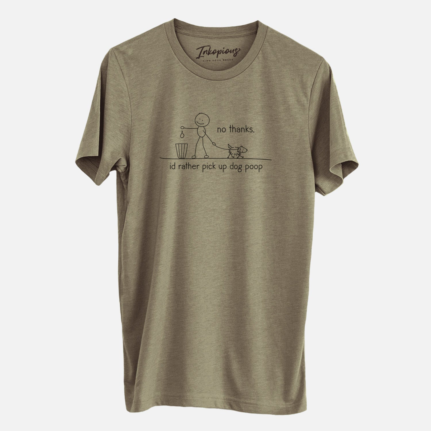 'No Thanks - I'd rather pickup dog poop' design on an Olive Unisex crewneck, worn by a man