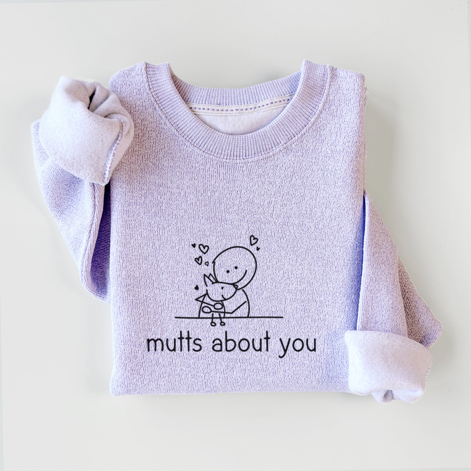 'Mutts About You' design on an Ice Purple knit sweatshirt
