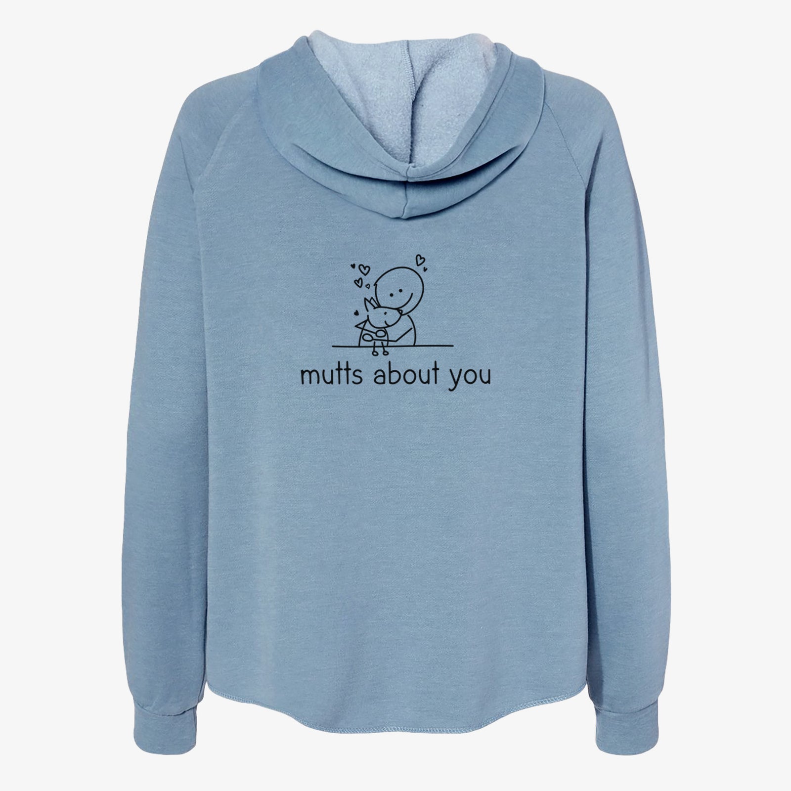 'Mutts About You' design on a Misty Blue Women's cali wave zip-up sweatshirt