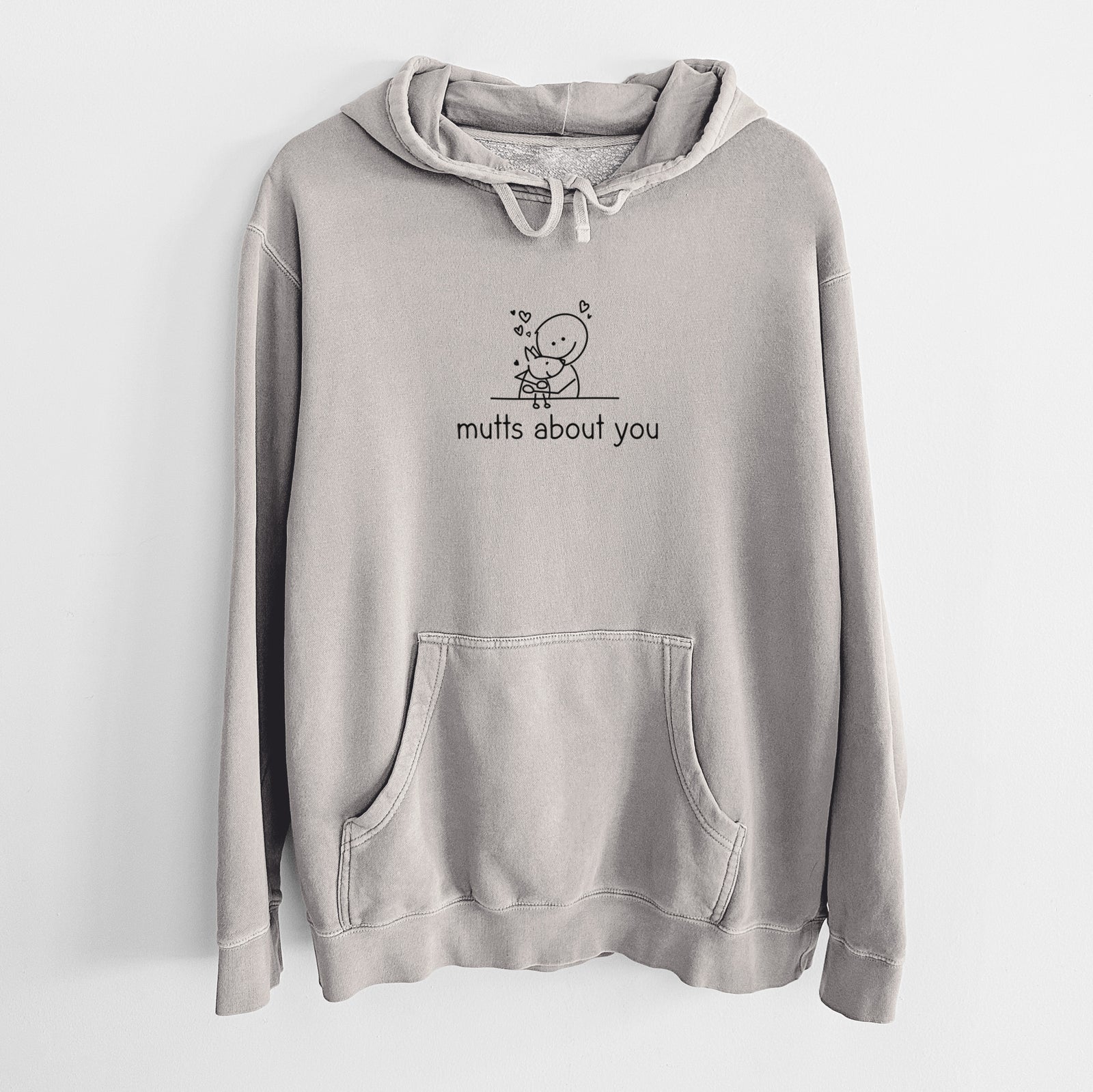 'Mutts About You' design on a Cement Unisex pigment dyed hoodie