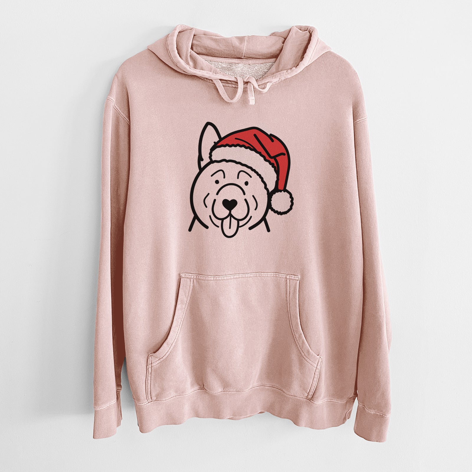 Minimalist line drawing of an Akita wearing a Santa hat on a Dusty Pink Unisex pigment dyed hoodie