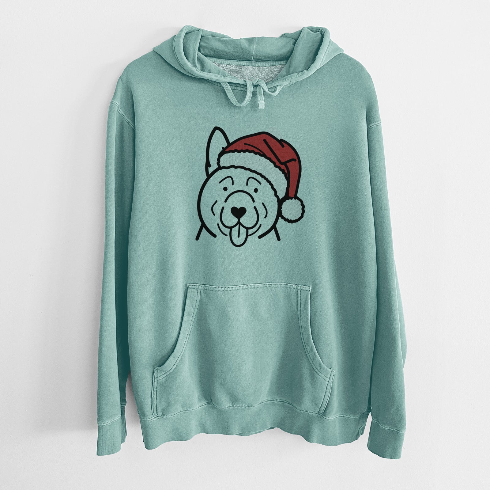 Minimalist line drawing of an Akita wearing a Santa hat on a Mint Unisex pigment dyed hoodie