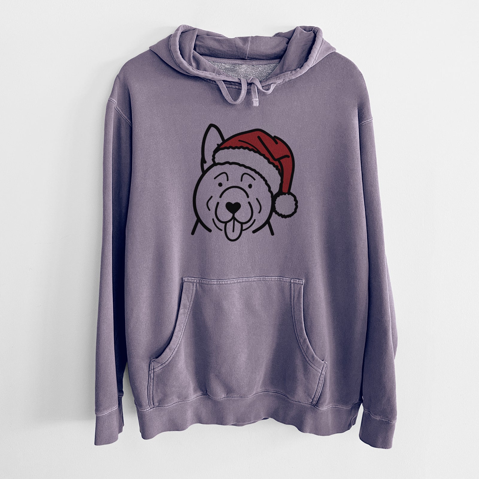 Minimalist line drawing of an Akita wearing a Santa hat on a Plum Unisex pigment dyed hoodie