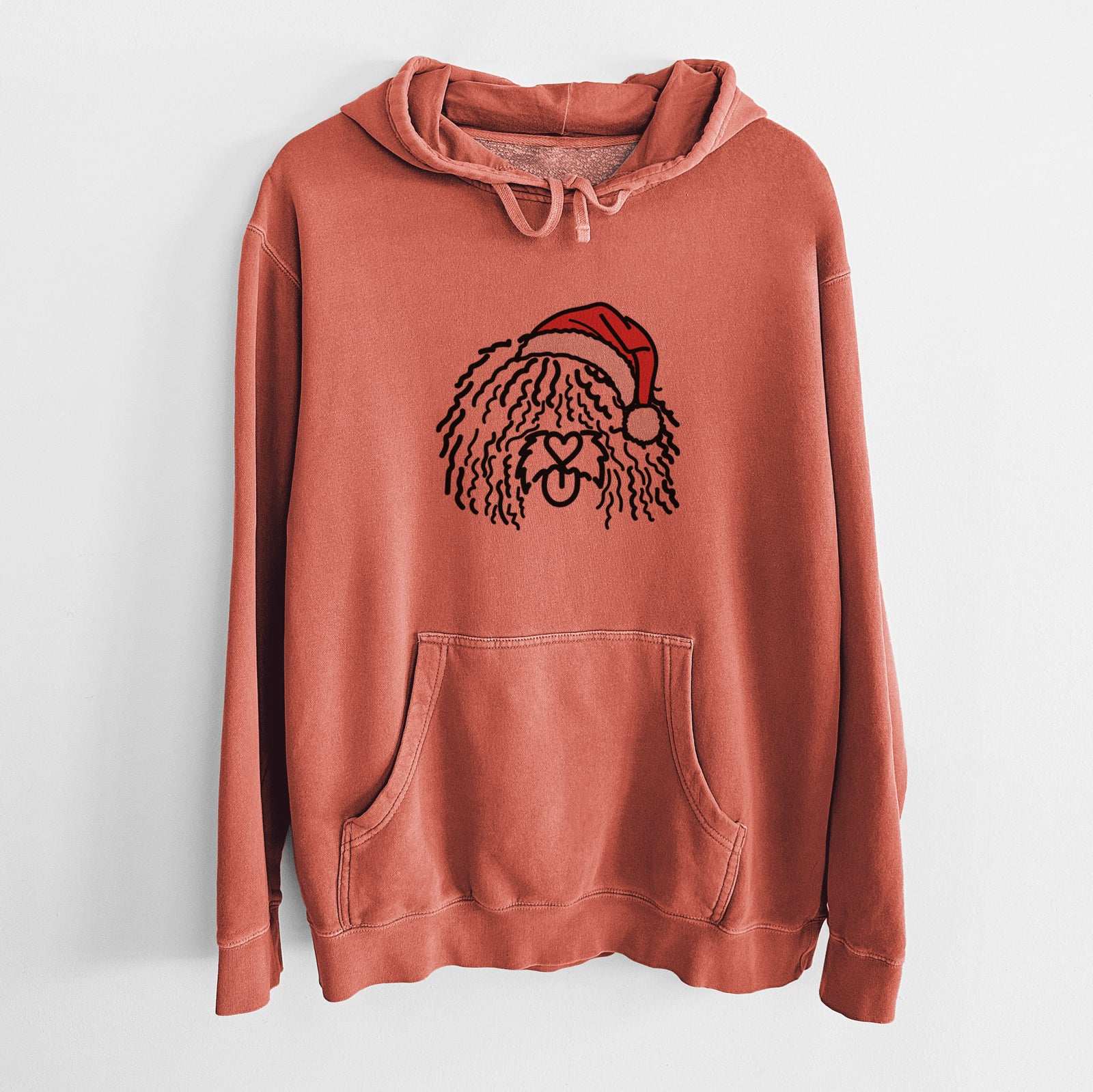 Minimalist line drawing of Alba the Spanish Water Dog wearing a Santa hat on an Amber Unisex pigment dyed hoodie