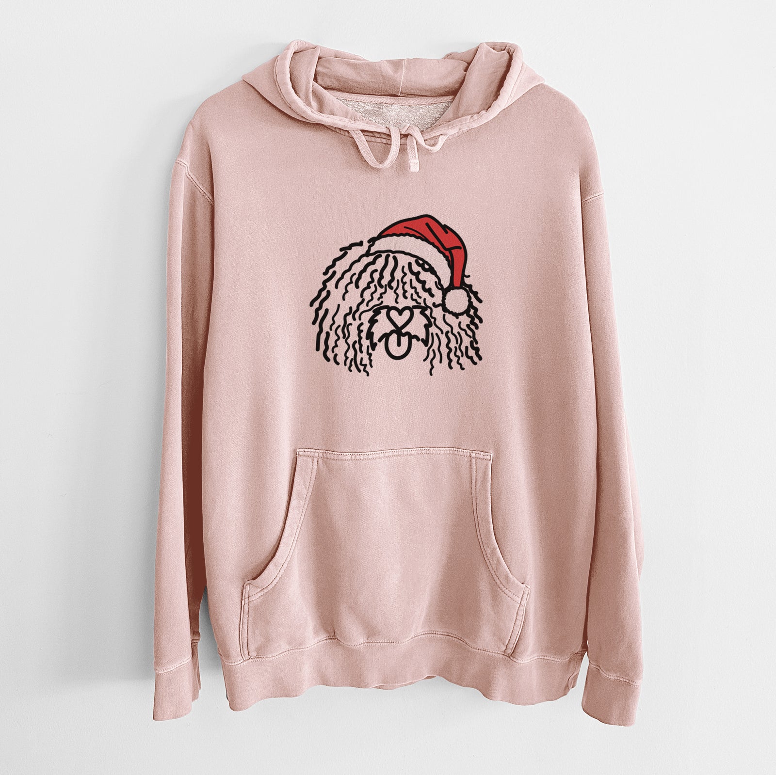 Minimalist line drawing of Alba the Spanish Water Dog wearing a Santa hat on a Dusty Pink Unisex pigment dyed hoodie