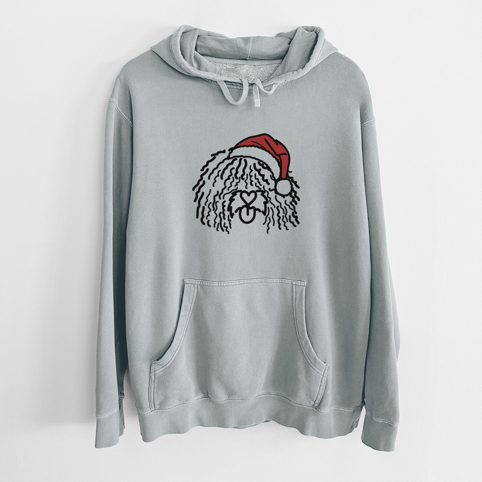 Minimalist line drawing of Alba the Spanish Water Dog wearing a Santa hat on a Sage Unisex pigment dyed hoodie