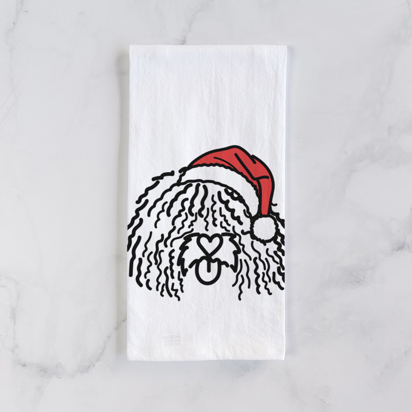 Minimalist line drawing of Alba the Spanish Water Dog wearing a Santa hat on a tea towel