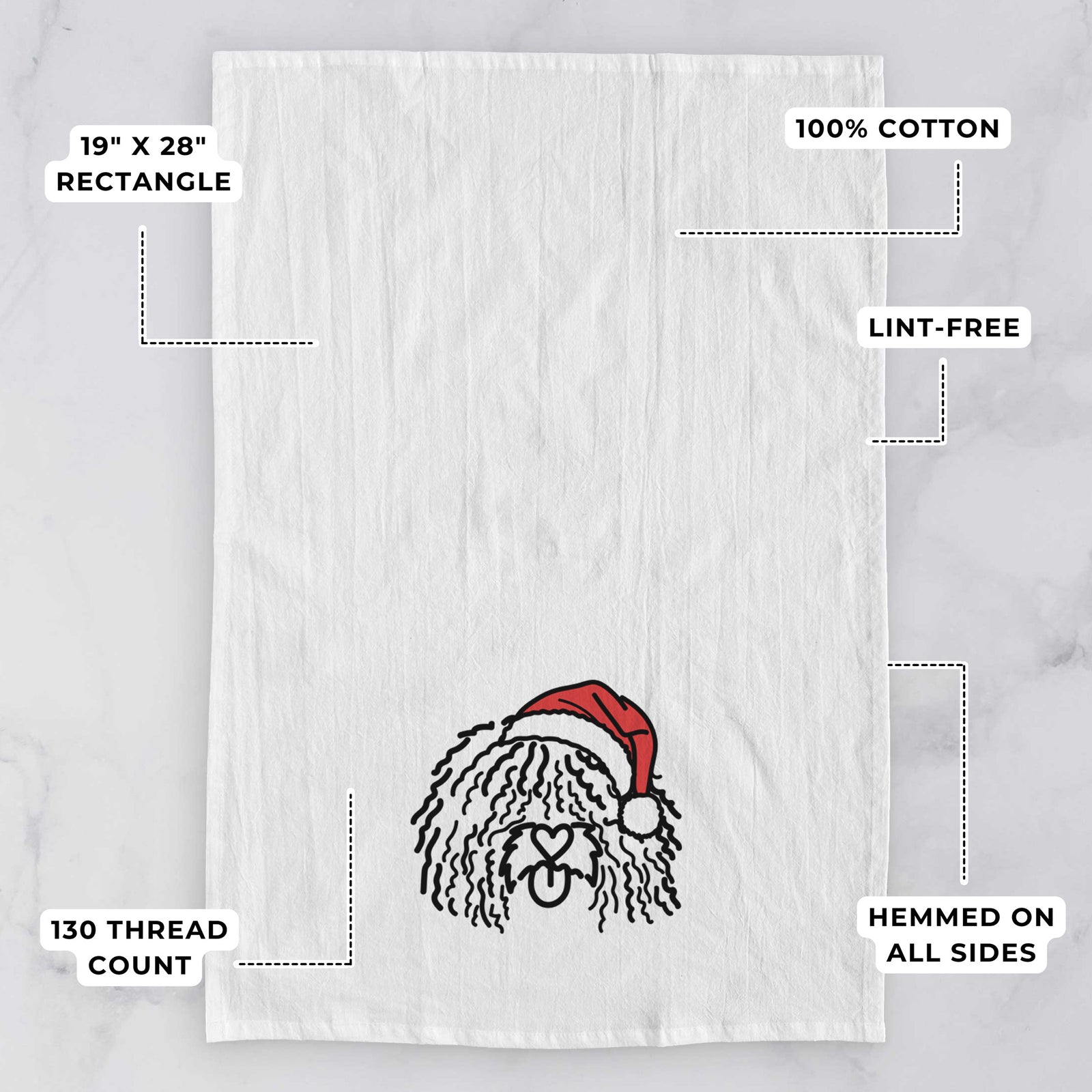 Minimalist line drawing of Alba the Spanish Water Dog wearing a Santa hat on a tea towel, with feature callouts: 19 x 28 inch rectangle, 100% cotton, lint-free, 120 thread count, hemmed on all sides