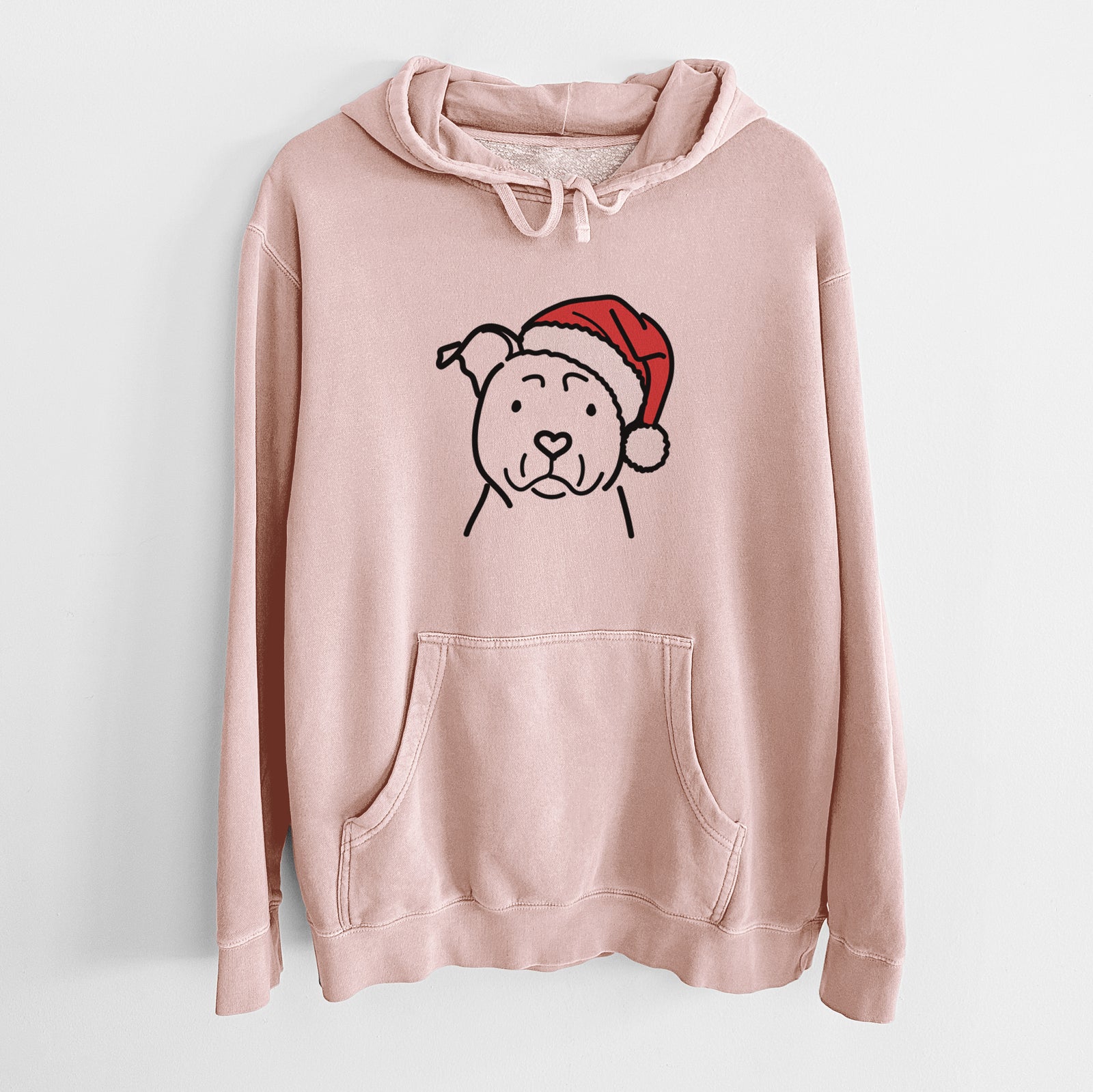 Minimalist line drawing of an American Staffordshire Terrier wearing a Santa hat on a Dusty Pink Unisex pigment dyed hoodie