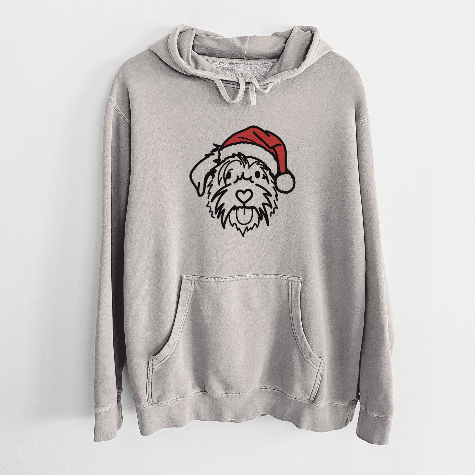 Minimalist line drawing of Amal the Scottish Terrier Border Collie Mix wearing a Santa hat on a Cement Unisex pigment dyed hoodie