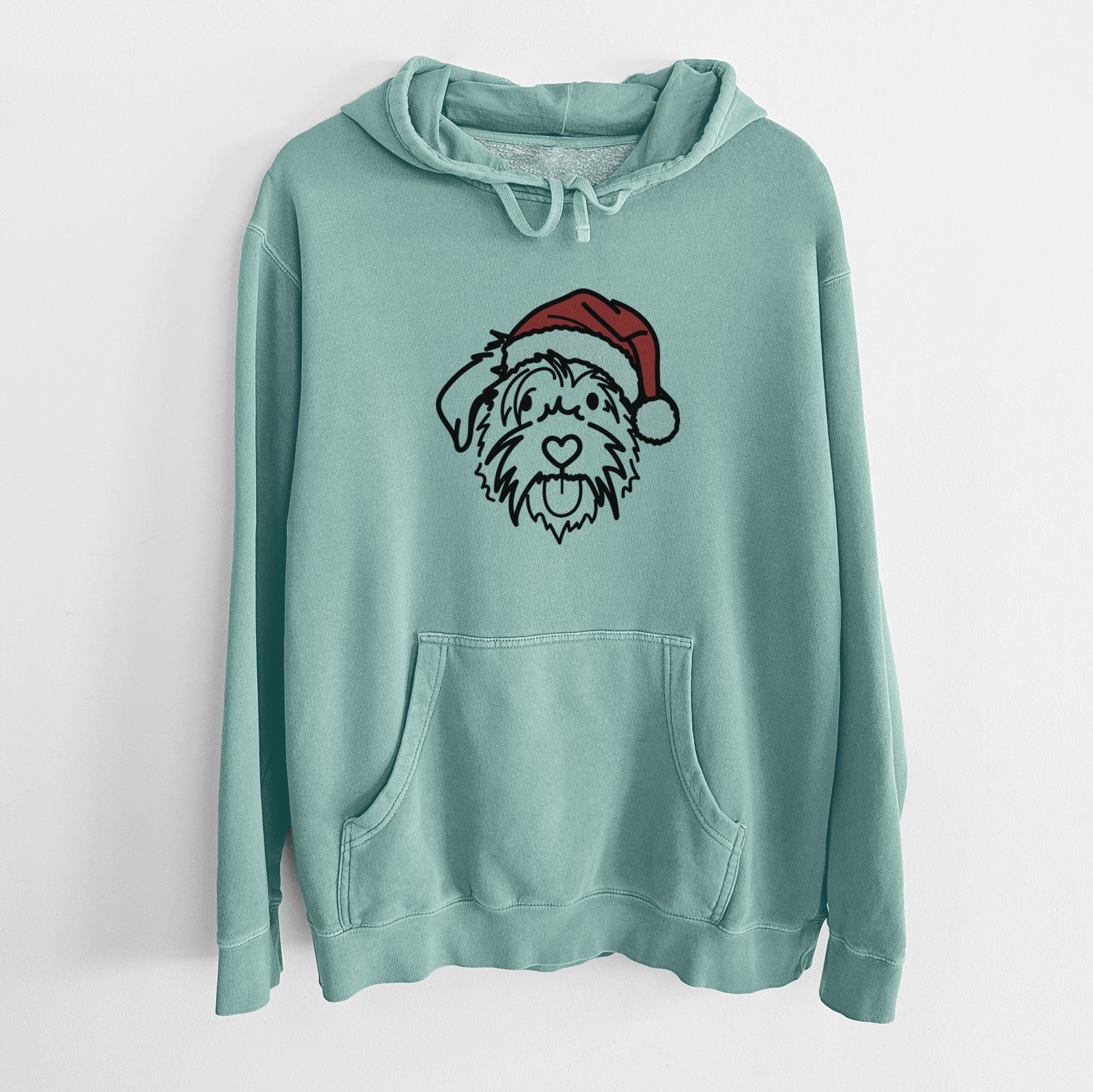 Minimalist line drawing of Amal the Scottish Terrier Border Collie Mix wearing a Santa hat on a Mint Unisex pigment dyed hoodie