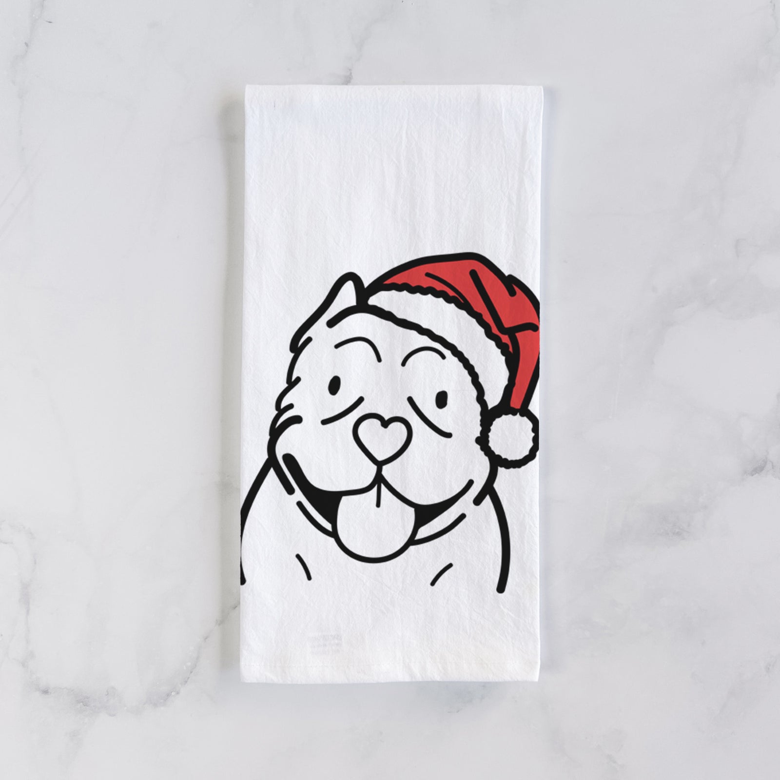 Minimalist line drawing of an American Bully wearing a Santa hat on a tea towel