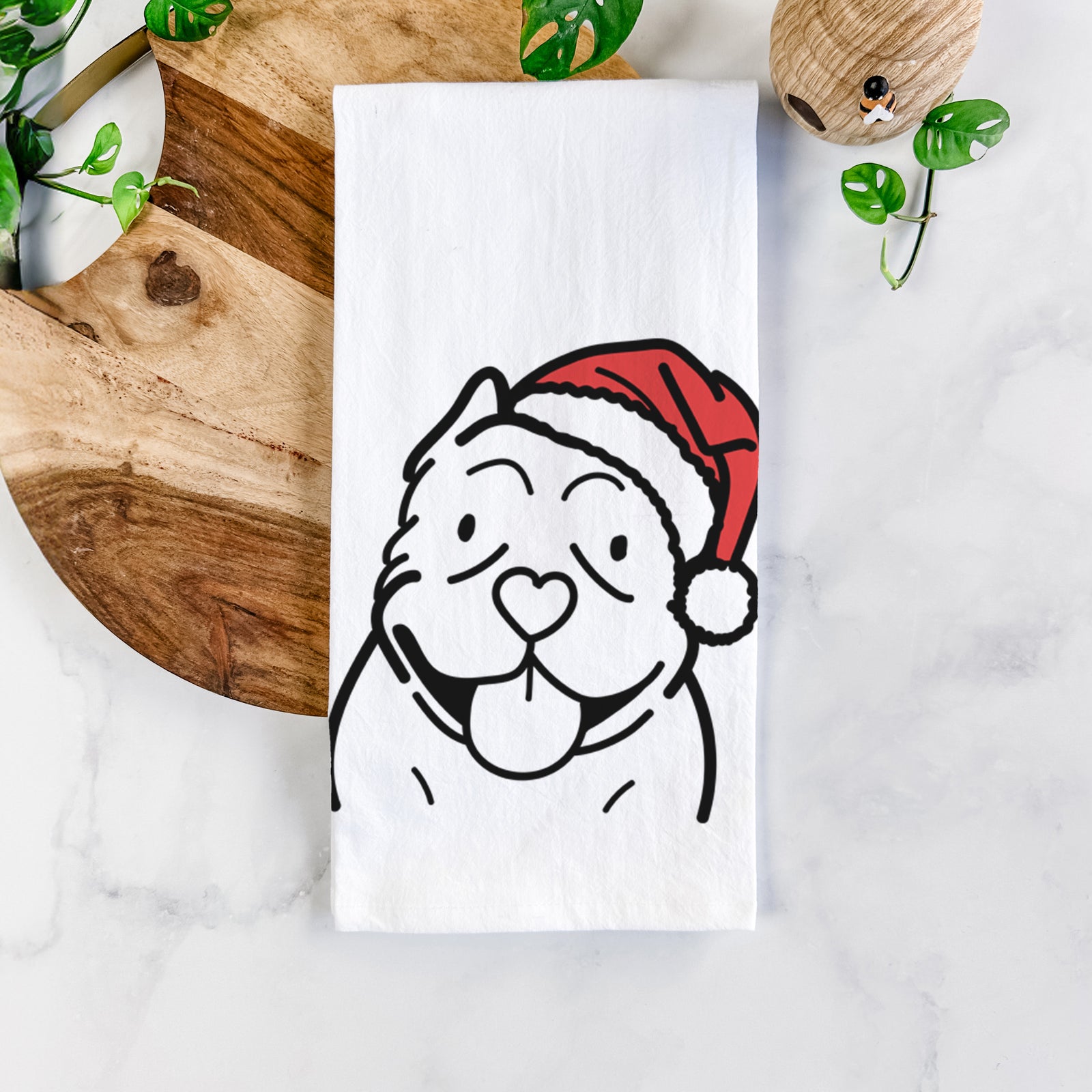 Minimalist line drawing of an American Bully wearing a Santa hat on a tea towel