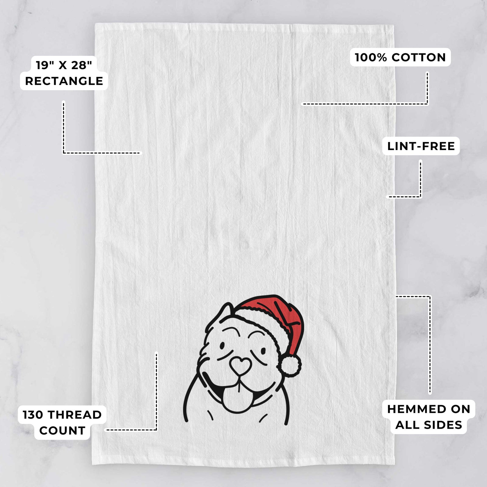 Minimalist line drawing of an American Bully wearing a Santa hat on a tea towel, with feature callouts: 19 x 28 inch rectangle, 100% cotton, lint-free, 120 thread count, hemmed on all sides