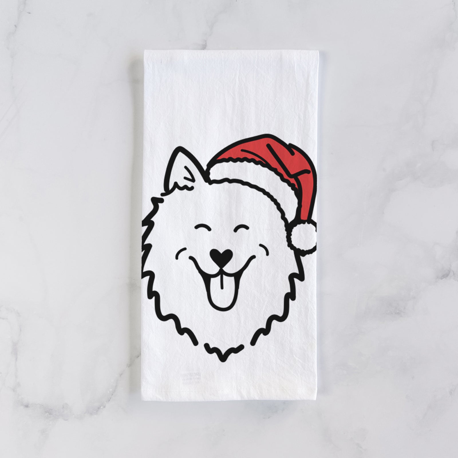 Minimalist line drawing of an American Eskimo wearing a Santa hat on a tea towel