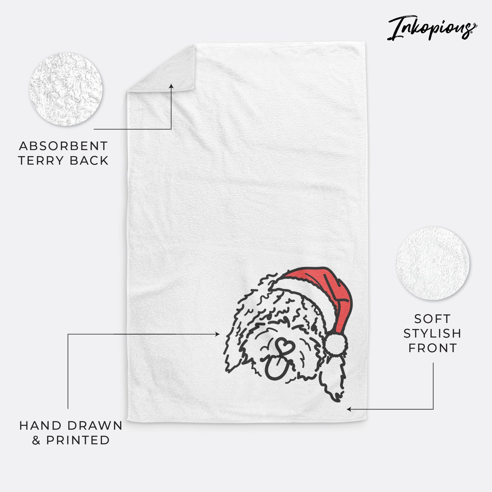 Minimalist line drawing of Antonio the Spanish Water Dog wearing a Santa hat on a decorative hand towel