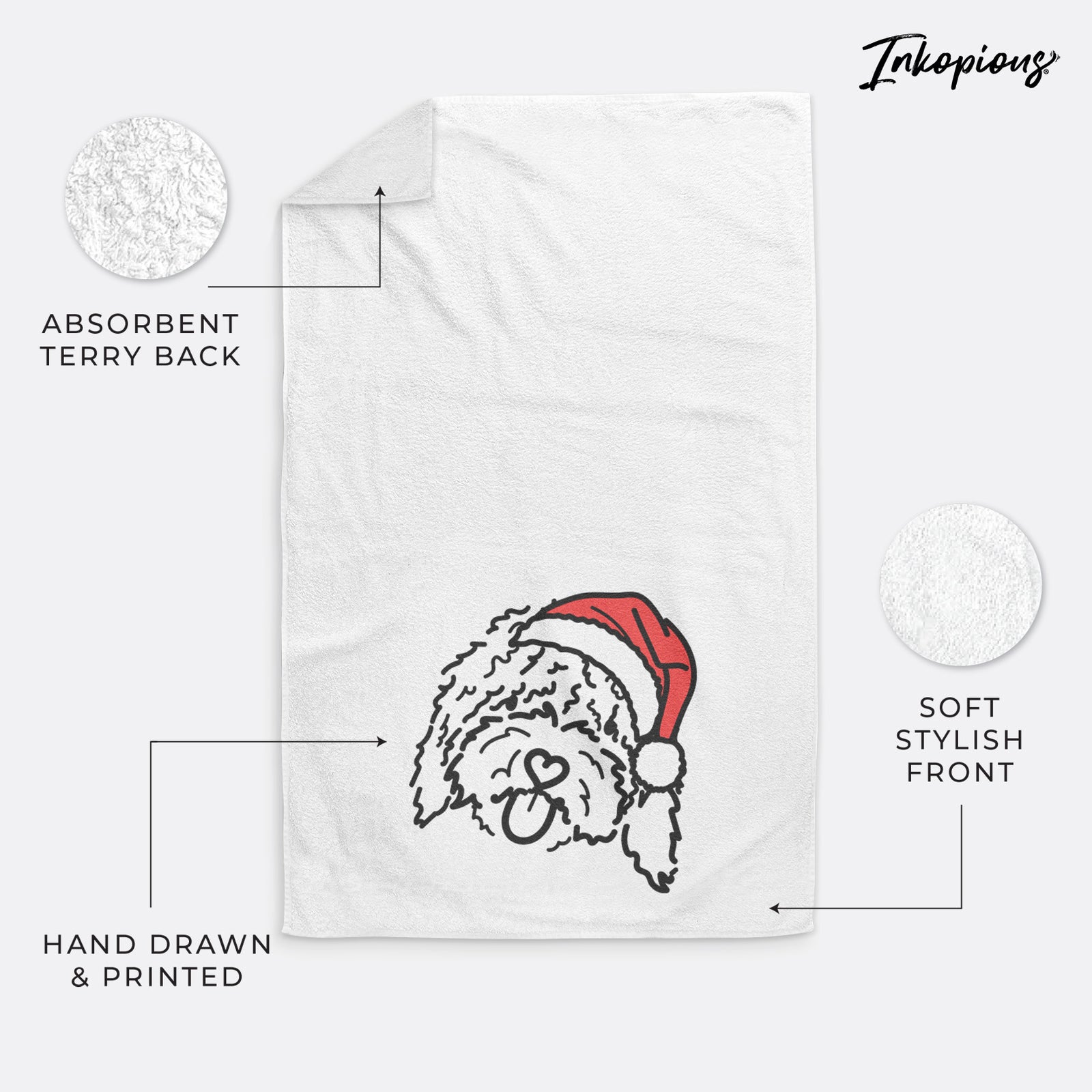 Minimalist line drawing of Antonio the Spanish Water Dog wearing a Santa hat on a decorative hand towel