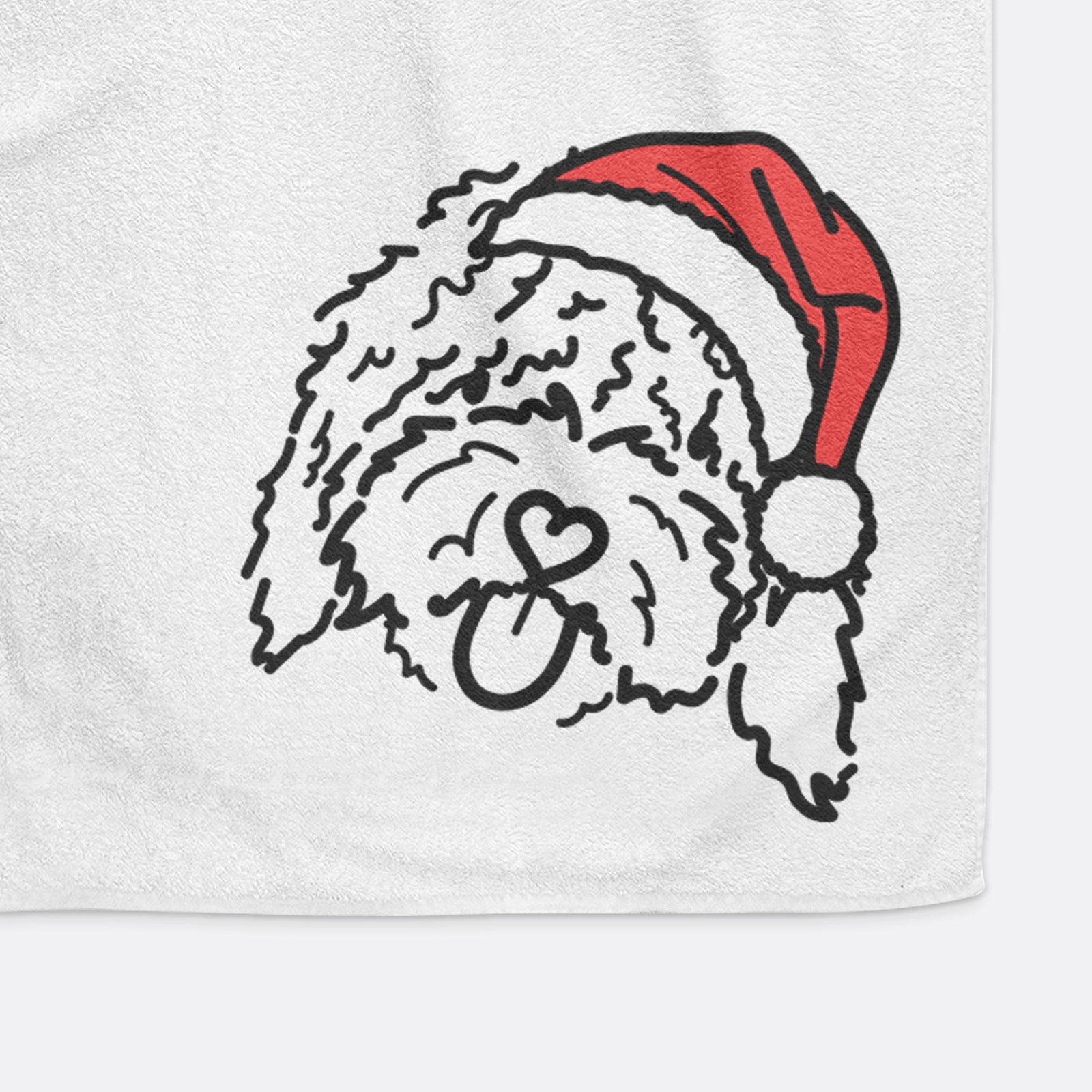 Minimalist line drawing of Antonio the Spanish Water Dog wearing a Santa hat on a decorative hand towel