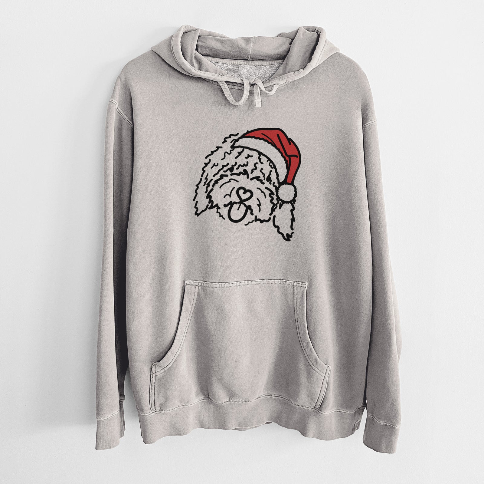 Minimalist line drawing of Antonio the Spanish Water Dog wearing a Santa hat on a Cement Unisex pigment dyed hoodie