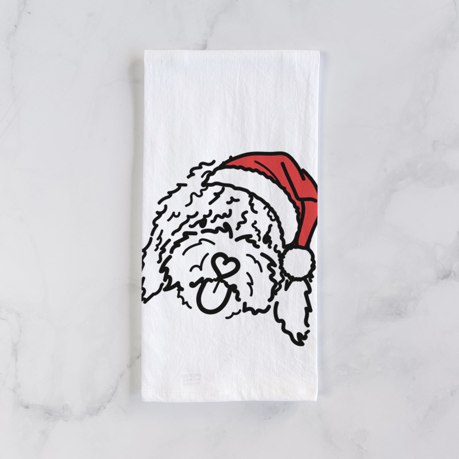 Minimalist line drawing of Antonio the Spanish Water Dog wearing a Santa hat on a tea towel