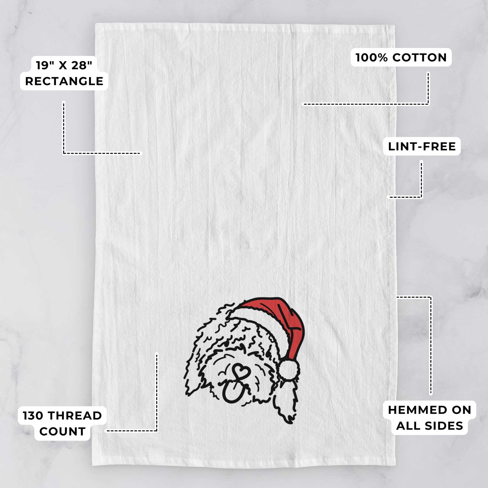 Minimalist line drawing of Antonio the Spanish Water Dog wearing a Santa hat on a tea towel, with feature callouts: 19 x 28 inch rectangle, 100% cotton, lint-free, 120 thread count, hemmed on all sides