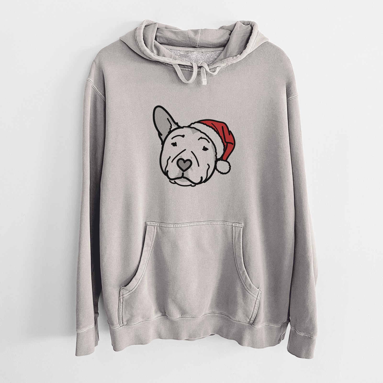 Minimalist line drawing of Archer the Pitbull wearing a Santa hat on a Cement Unisex pigment dyed hoodie